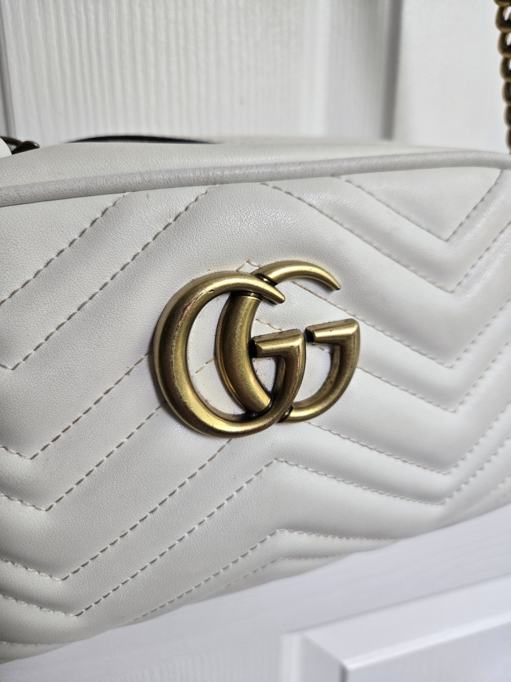 White Quilted Leather Shoulder Bag with Gold Double G Logo